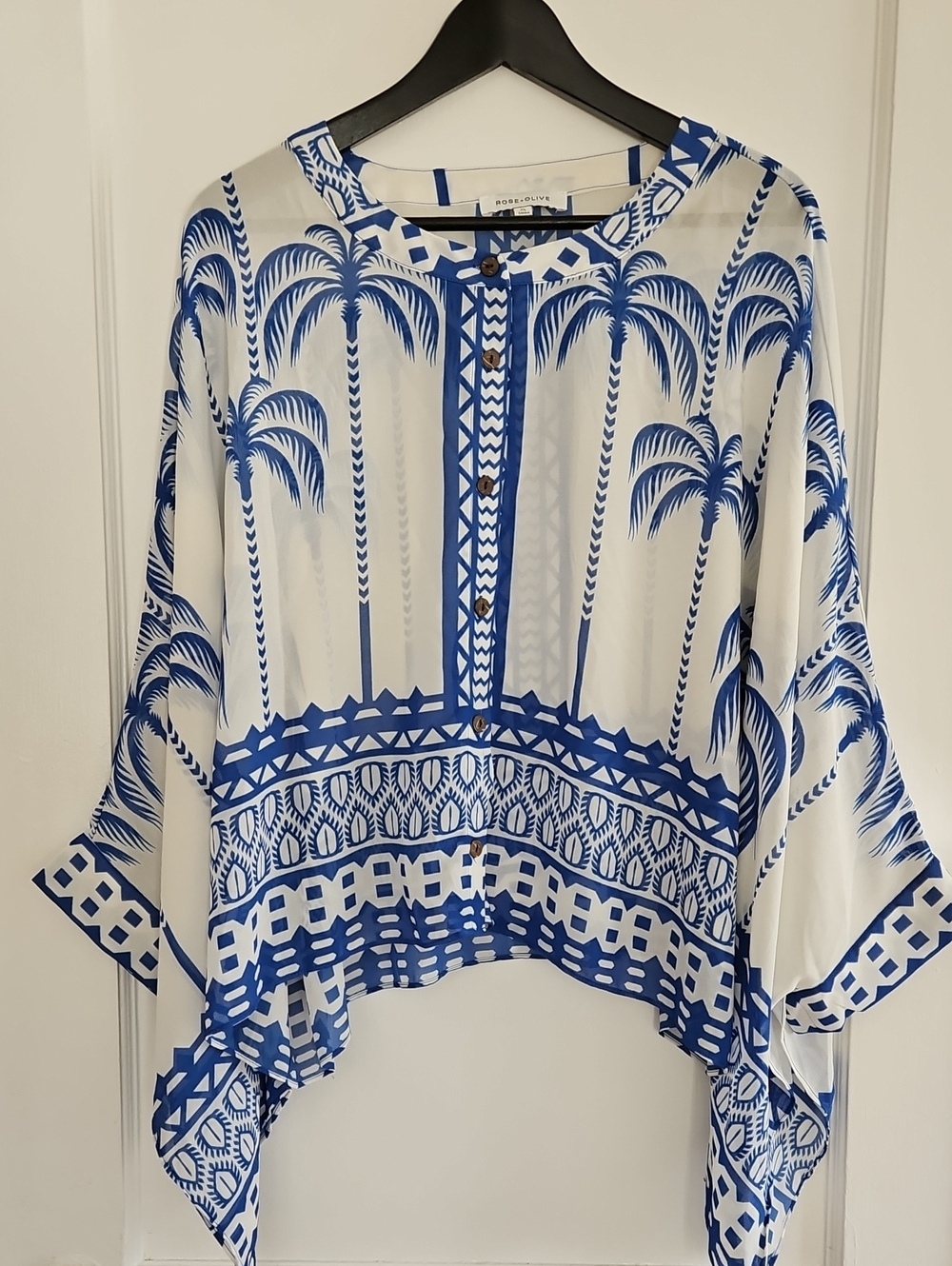 Rose & Olive White Sheer Oversized Top with Blue Palm Print
